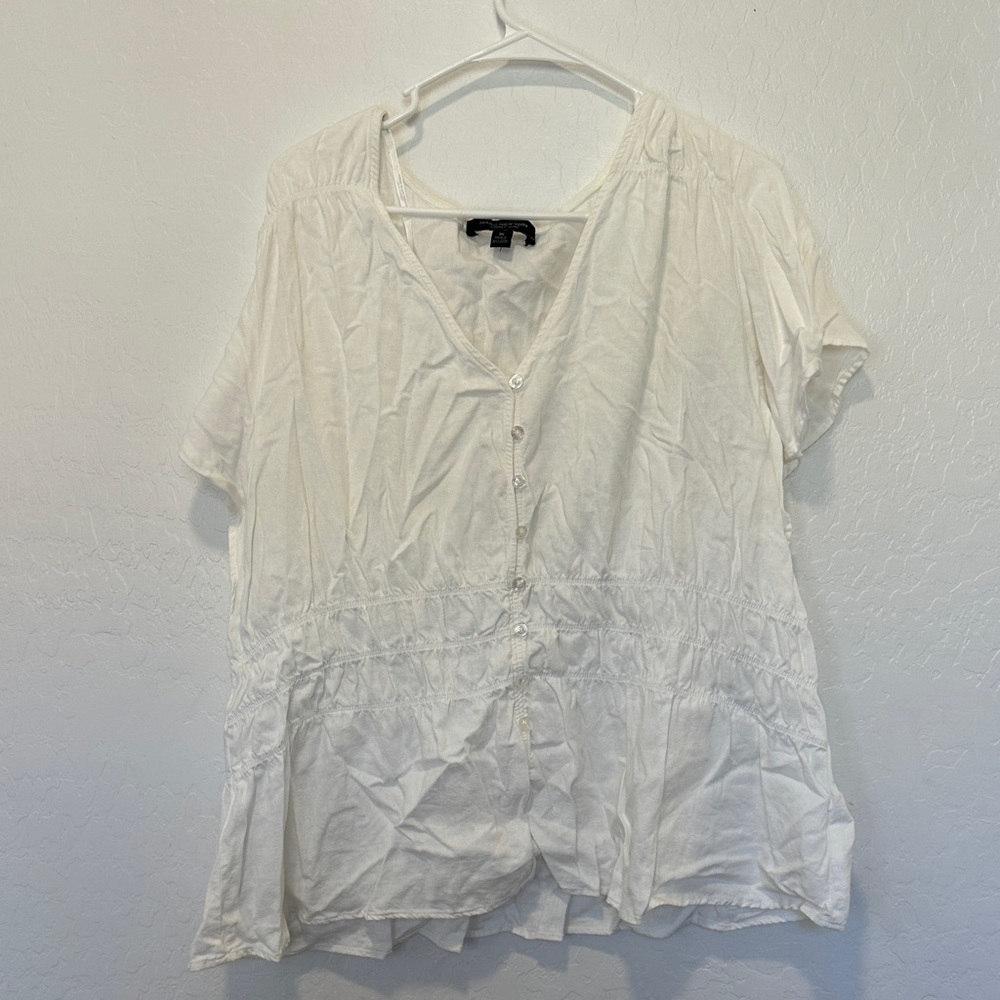 Marc New York plus 3X White Short Sleeve Blouse linen viscose vneck womens gauzy